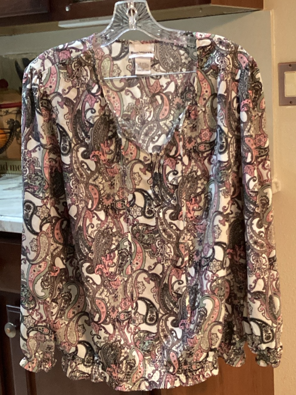 BonWorth Paisley V-Neck Blouse in Pink, Cream & Brown